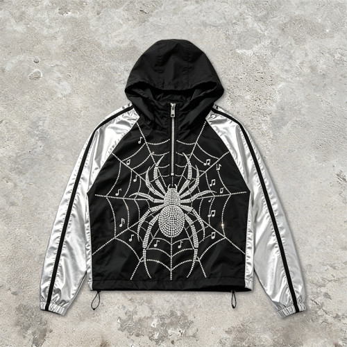 Black Silver Color Block Patchwork Rhinestone Hooded Jacket | Sonic-Wear Spider Graphic Jacket | Streetwear Manufacturer