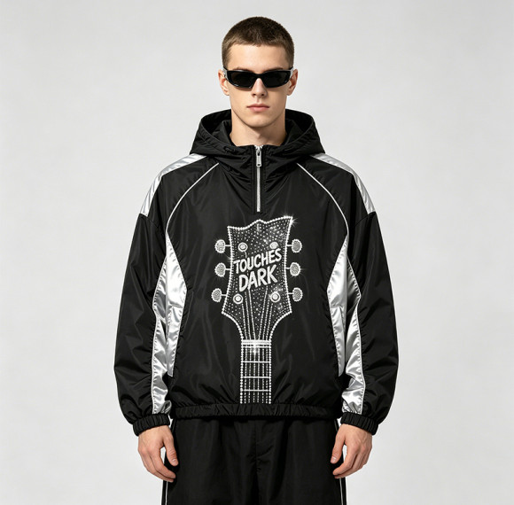 Patchwork Guitar Rhinestone Sonic-Wear Hooded Jacket | Black Silver Color Block Cropped Jacket | OEM Streetwear