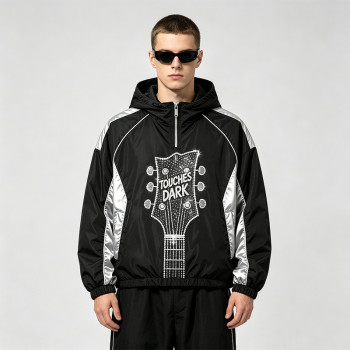 Patchwork Guitar Rhinestone Sonic-Wear Hooded Jacket | Black Silver Color Block Cropped Jacket | OEM Streetwear