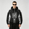 Patchwork Guitar Rhinestone Sonic-Wear Hooded Jacket | Black Silver Color Block Cropped Jacket | OEM Streetwear