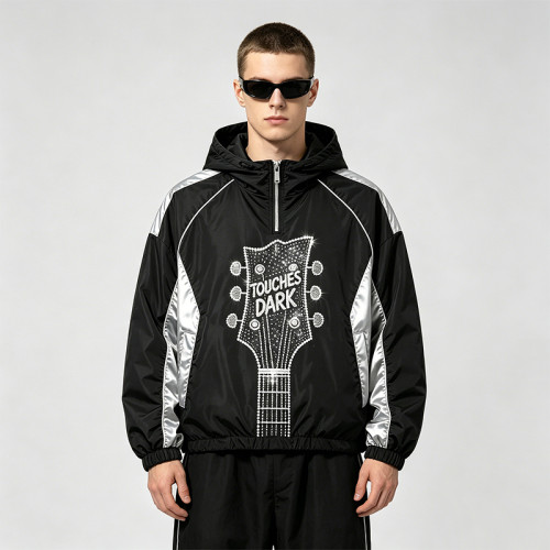 Patchwork Guitar Rhinestone Sonic-Wear Hooded Jacket | Black Silver Color Block Cropped Jacket | OEM Streetwear