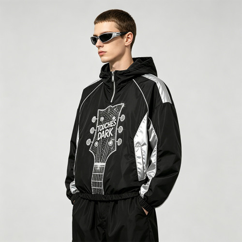 Patchwork Guitar Rhinestone Sonic-Wear Hooded Jacket | Black Silver Color Block Cropped Jacket | OEM Streetwear