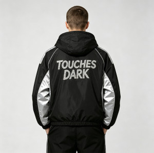 Patchwork Guitar Rhinestone Sonic-Wear Hooded Jacket | Black Silver Color Block Cropped Jacket | OEM Streetwear