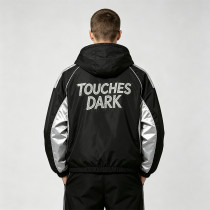 Patchwork Guitar Rhinestone Sonic-Wear Hooded Jacket | Black Silver Color Block Cropped Jacket | OEM Streetwear
