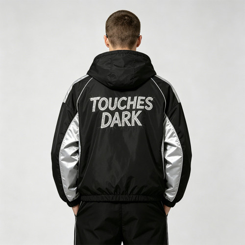 Patchwork Guitar Rhinestone Sonic-Wear Hooded Jacket | Black Silver Color Block Cropped Jacket | OEM Streetwear