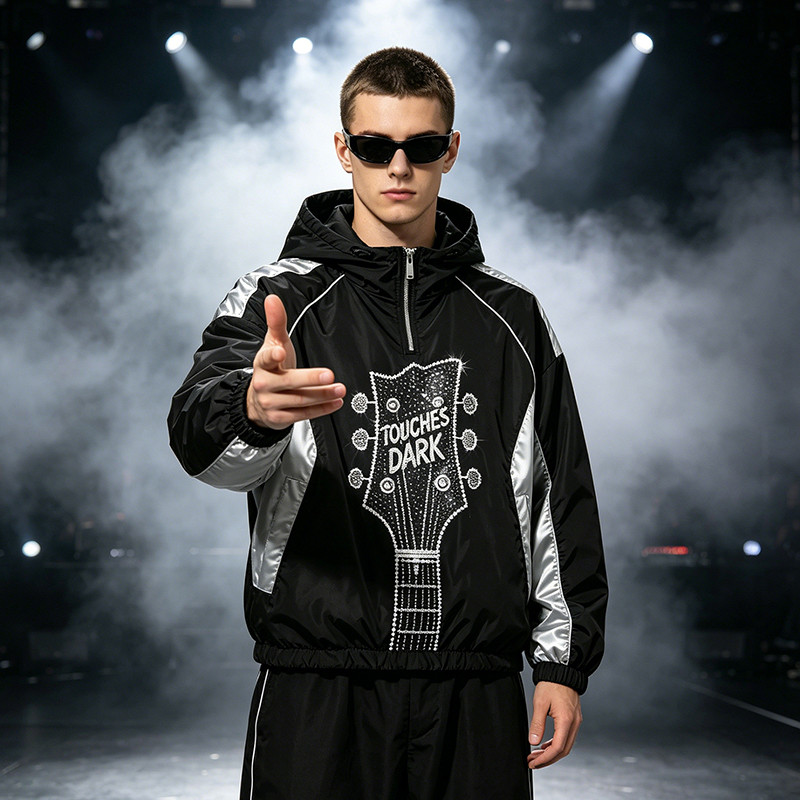 Patchwork Guitar Rhinestone Sonic-Wear Hooded Jacket