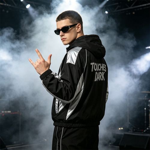 Patchwork Guitar Rhinestone Sonic-Wear Hooded Jacket | Black Silver Color Block Cropped Jacket | OEM Streetwear