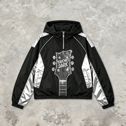 Patchwork Guitar Rhinestone Sonic-Wear Hooded Jacket | Black Silver Color Block Cropped Jacket | OEM Streetwear