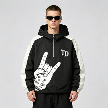 Patchwork Screen Print Applique Hooded Jacket | Rock Guitar Hand Graphic Jacket | Custom Streetwear