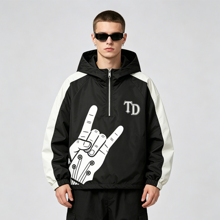 Patchwork Screen Print Applique Hooded Jacket | Rock Guitar Hand Graphic Jacket | Custom Streetwear