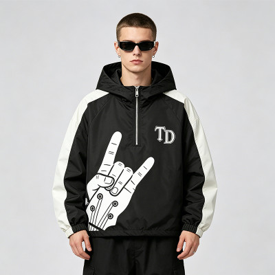 Patchwork Screen Print Applique Hooded Jacket | Rock Guitar Hand Graphic Jacket | Custom Streetwear