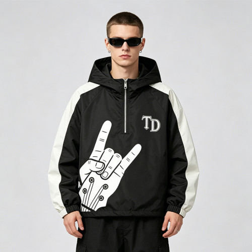 Patchwork Screen Print Applique Hooded Jacket | Rock Guitar Hand Graphic Jacket | Custom Streetwear