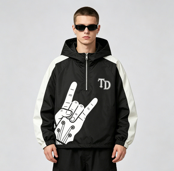 Patchwork Screen Print Applique Hooded Jacket | Rock Guitar Hand Graphic Jacket | Custom Streetwear