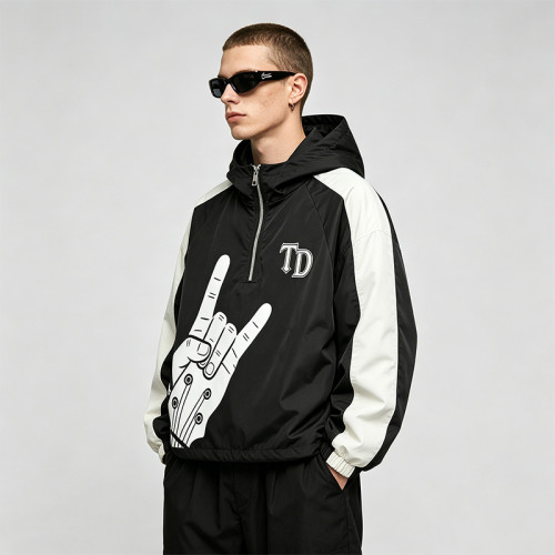 Patchwork Screen Print Applique Hooded Jacket | Rock Guitar Hand Graphic Jacket | Custom Streetwear