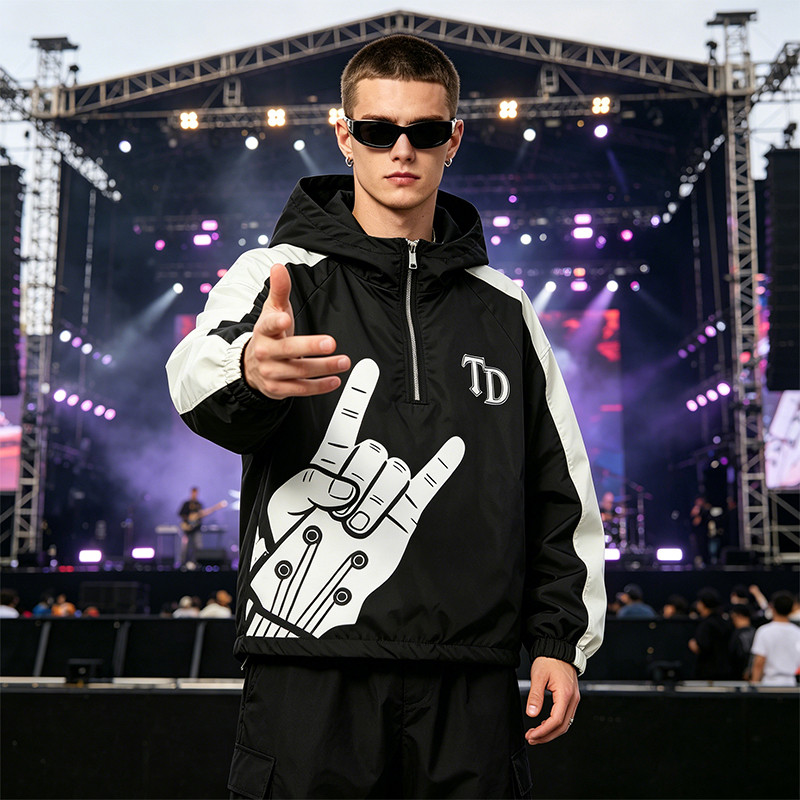 Patchwork Screen Print Applique Hooded Jacket