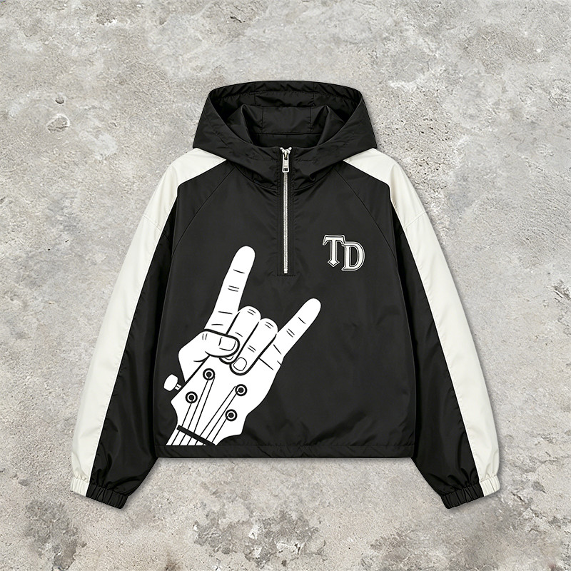 Patchwork Screen Print Applique Hooded Jacket