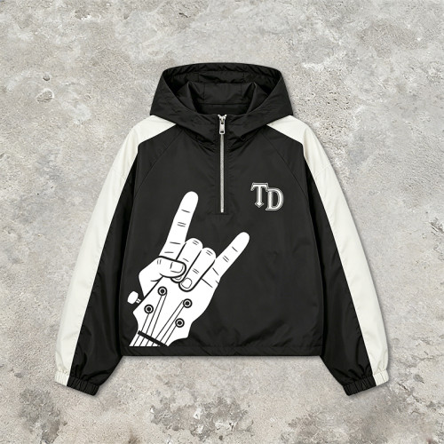 Patchwork Screen Print Applique Hooded Jacket | Rock Guitar Hand Graphic Jacket | Custom Streetwear