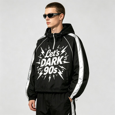 Patchwork Screen Print Cropped Drawstring Street Jacket | 90s Retro Graphic Hooded Jacket | Custom Streetwear