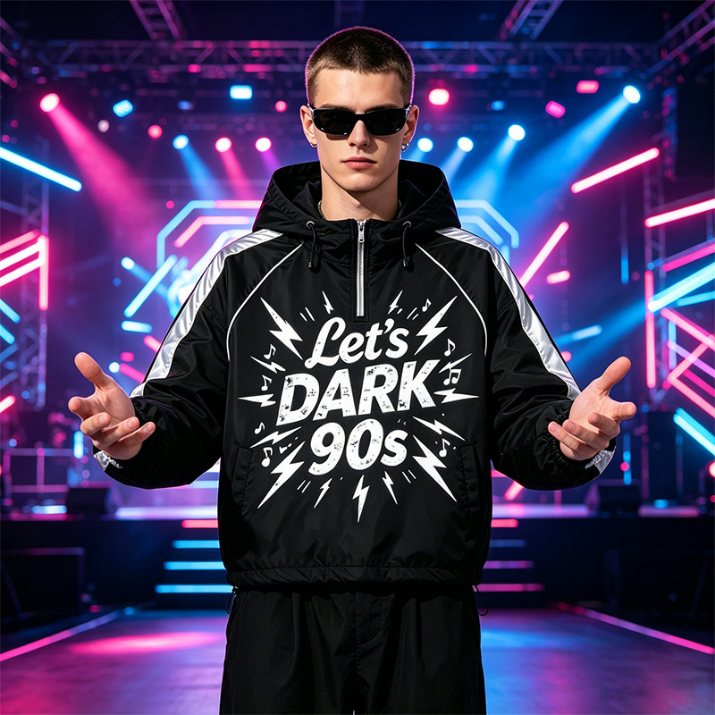 Patchwork Screen Print Cropped Drawstring Street Jacket