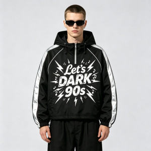 Patchwork Screen Print Cropped Drawstring Street Jacket | 90s Retro Graphic Hooded Jacket | Custom Streetwear