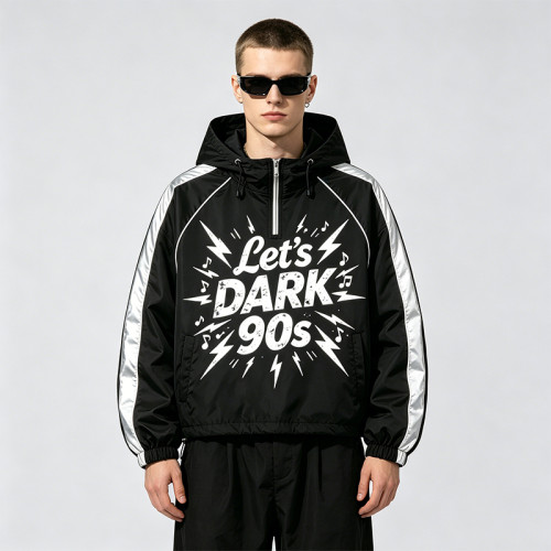 Patchwork Screen Print Cropped Drawstring Street Jacket | 90s Retro Graphic Hooded Jacket | Custom Streetwear