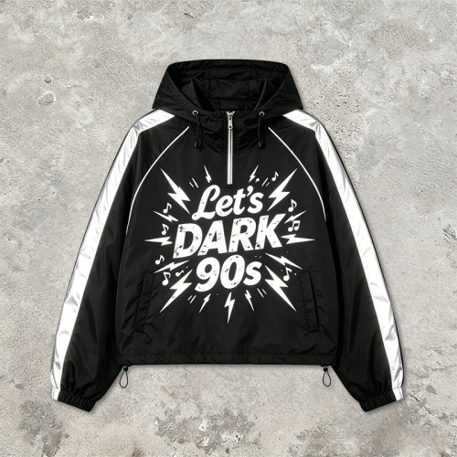 Patchwork Screen Print Cropped Drawstring Street Jacket | 90s Retro Graphic Hooded Jacket | Custom Streetwear