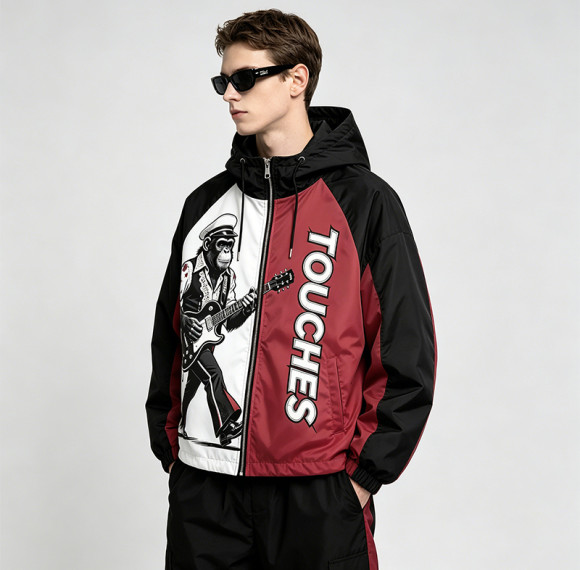 Color Block Patchwork Screen Print Guitar Monkey Hooded Jacket | Sonic-Wear Streetwear | Streetwear Manufacturer