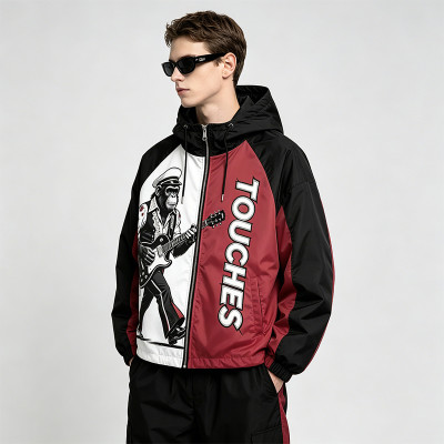 Color Block Patchwork Screen Print Guitar Monkey Hooded Jacket | Sonic-Wear Streetwear | Streetwear Manufacturer