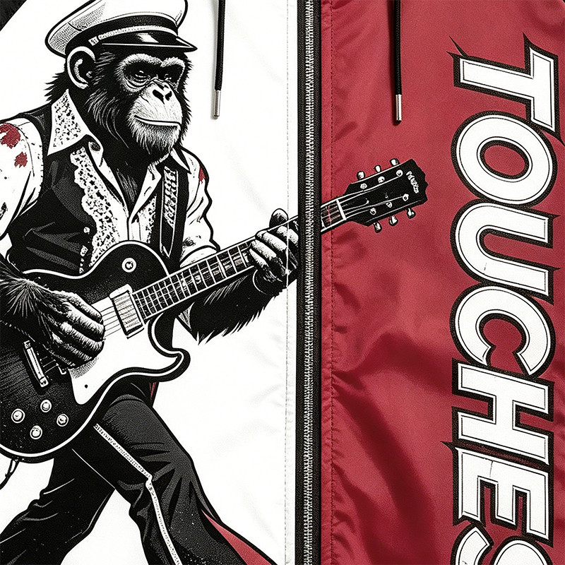 Color Block Patchwork Screen Print Guitar Monkey Hooded Jacket