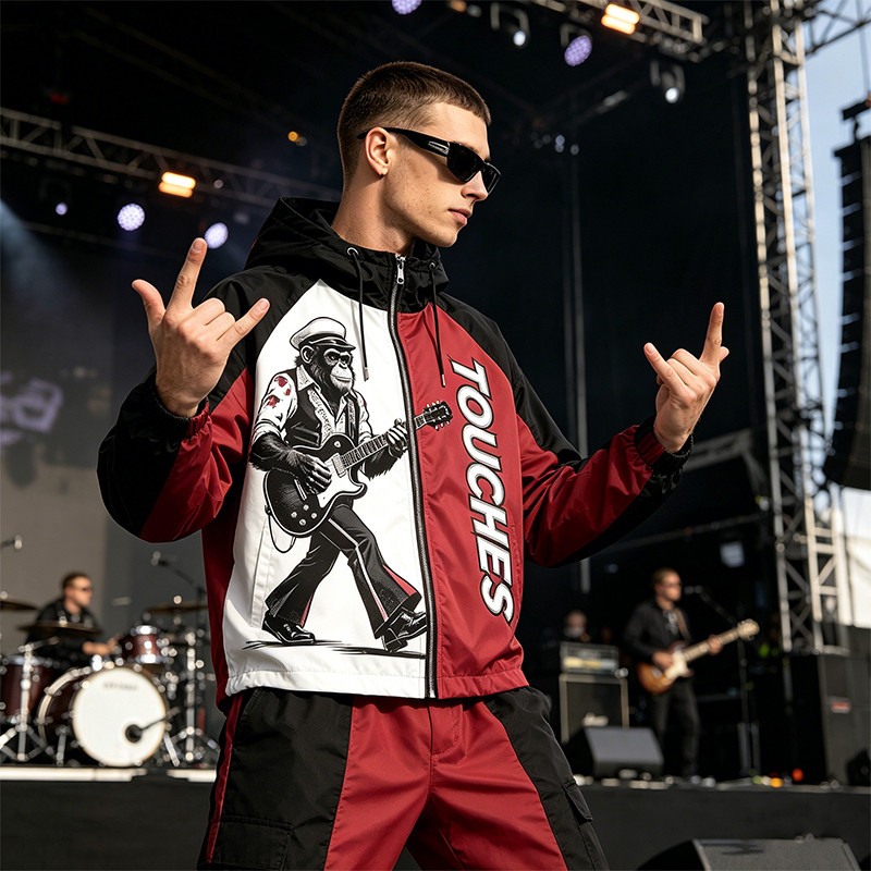 Color Block Patchwork Screen Print Guitar Monkey Hooded Jacket