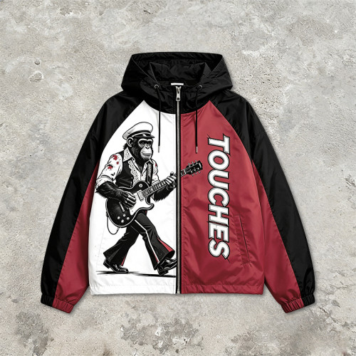 Color Block Patchwork Screen Print Guitar Monkey Hooded Jacket | Sonic-Wear Streetwear | Streetwear Manufacturer