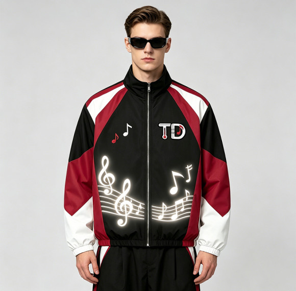 Patchwork Applique Reflective Music Note Print Embroidery Jacket | Sonic-Wear Zip Up Street Jacket | Custom Streetwear
