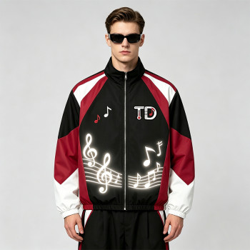 Patchwork Applique Reflective Music Note Print Embroidery Jacket | Sonic-Wear Zip Up Street Jacket | Custom Streetwear