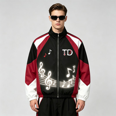 Patchwork Applique Reflective Music Note Print Embroidery Jacket | Sonic-Wear Zip Up Street Jacket | Custom Streetwear