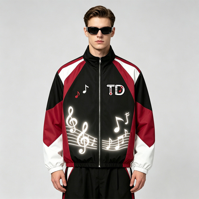 Patchwork Applique Reflective Music Note Print Embroidery Jacket | Sonic-Wear Zip Up Street Jacket | Custom Streetwear