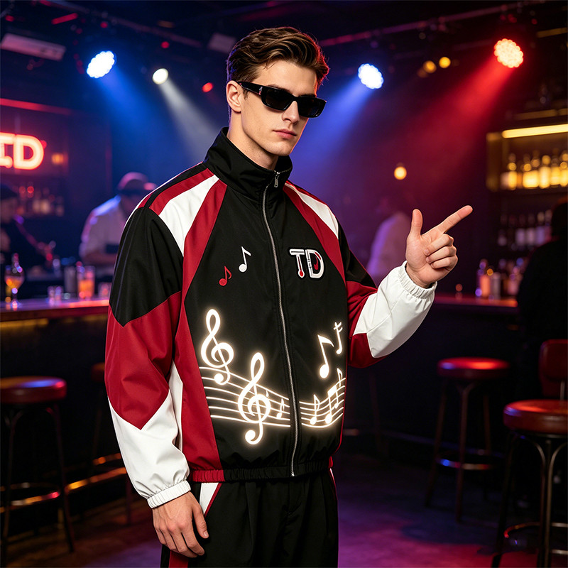Patchwork Applique Reflective Music Note Print Embroidery Jacket 