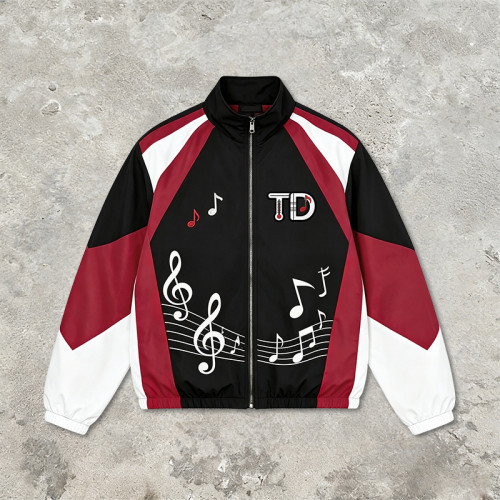 Patchwork Applique Reflective Music Note Print Embroidery Jacket | Sonic-Wear Zip Up Street Jacket | Custom Streetwear