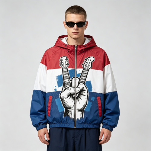 Color Block Patchwork Screen Print Hooded Jacket | Guitar Graphic Sonic-Wear Jacket | Custom Streetwear