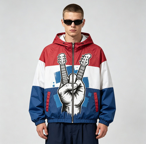 Color Block Patchwork Screen Print Hooded Jacket | Guitar Graphic Sonic-Wear Jacket | Custom Streetwear