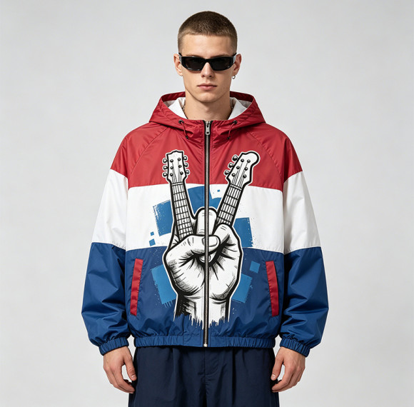 Color Block Patchwork Screen Print Hooded Jacket | Guitar Graphic Sonic-Wear Jacket | Custom Streetwear