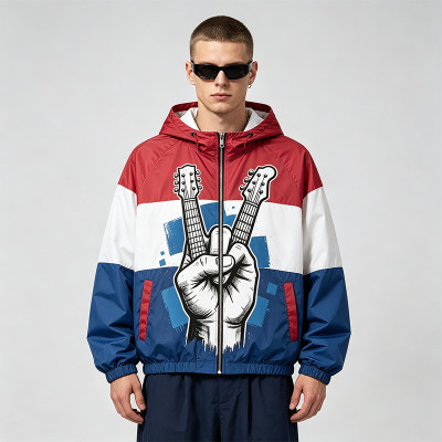 Color Block Patchwork Screen Print Hooded Jacket | Guitar Graphic Sonic-Wear Jacket | Custom Streetwear