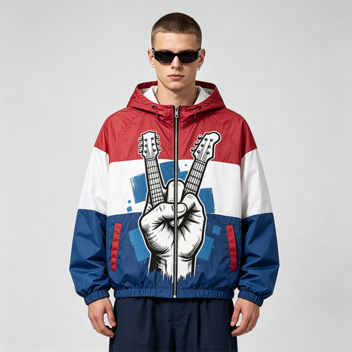 Color Block Patchwork Screen Print Hooded Jacket | Guitar Graphic Sonic-Wear Jacket | Custom Streetwear