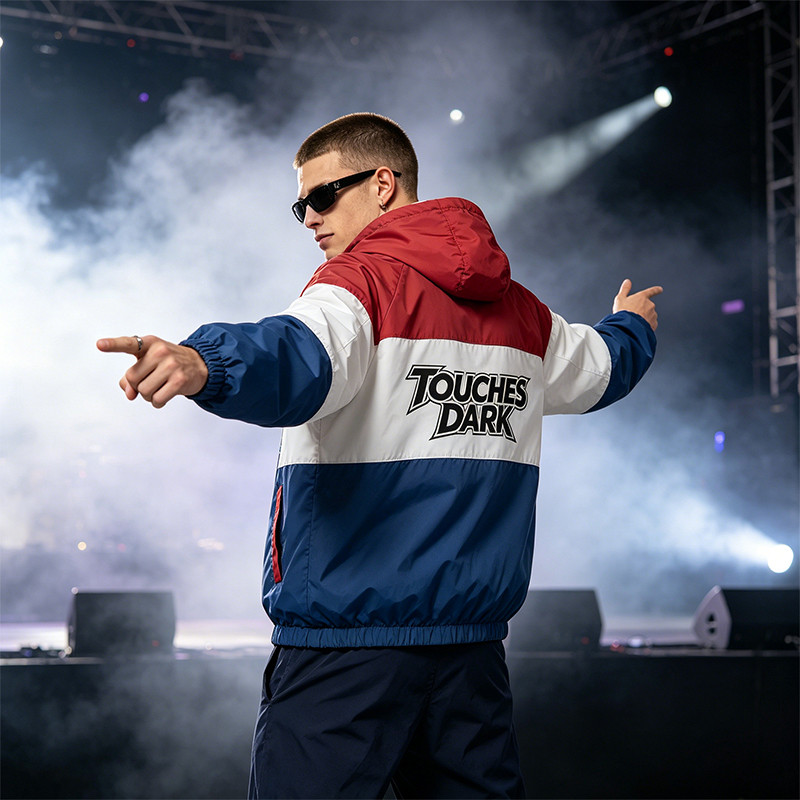 Color Block Patchwork Screen Print Hooded Jacket