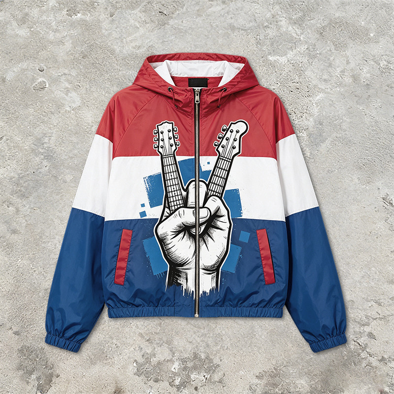 Color Block Patchwork Screen Print Hooded Jacket