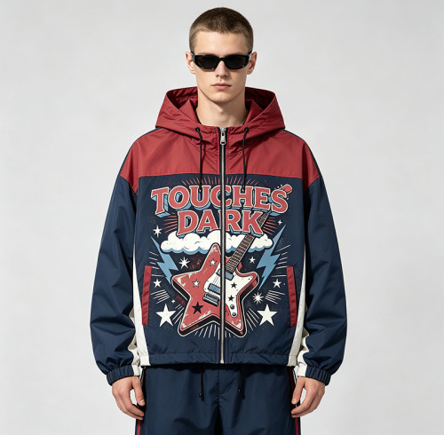Color Block Patchwork DTG Print Hooded Jacket | Vintage Guitar Star Graphic Sonic-Wear | Streetwear Manufacturer