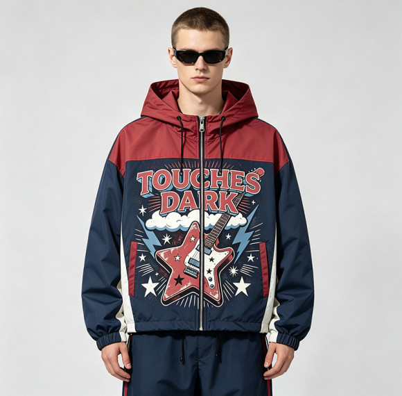 Color Block Patchwork DTG Print Hooded Jacket | Vintage Guitar Star Graphic Sonic-Wear | Streetwear Manufacturer