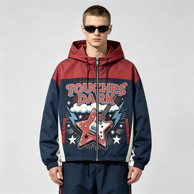 Color Block Patchwork DTG Print Hooded Jacket | Vintage Guitar Star Graphic Sonic-Wear | Streetwear Manufacturer