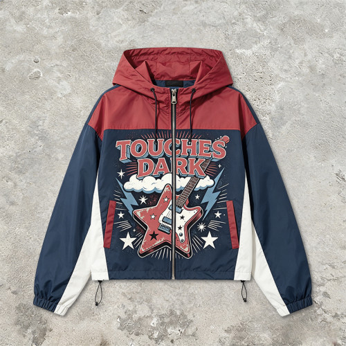 Color Block Patchwork DTG Print Hooded Jacket | Vintage Guitar Star Graphic Sonic-Wear | Streetwear Manufacturer