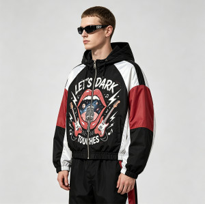 Color Block Patchwork DTG Screen Print Hooded Jacket | Punk Rock Guitar Lip Graphic Sonic-Wear | Custom Streetwear