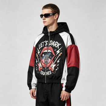 Color Block Patchwork DTG Screen Print Hooded Jacket | Punk Rock Guitar Lip Graphic Sonic-Wear | Custom Streetwear